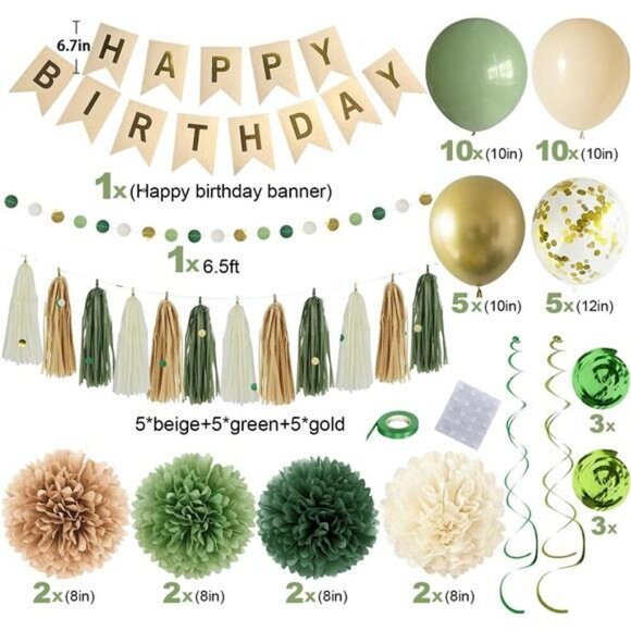 Green Birthday Party Decorations Set Banner Balloons Tassels Garland Pompoms - Picture 2 of 8